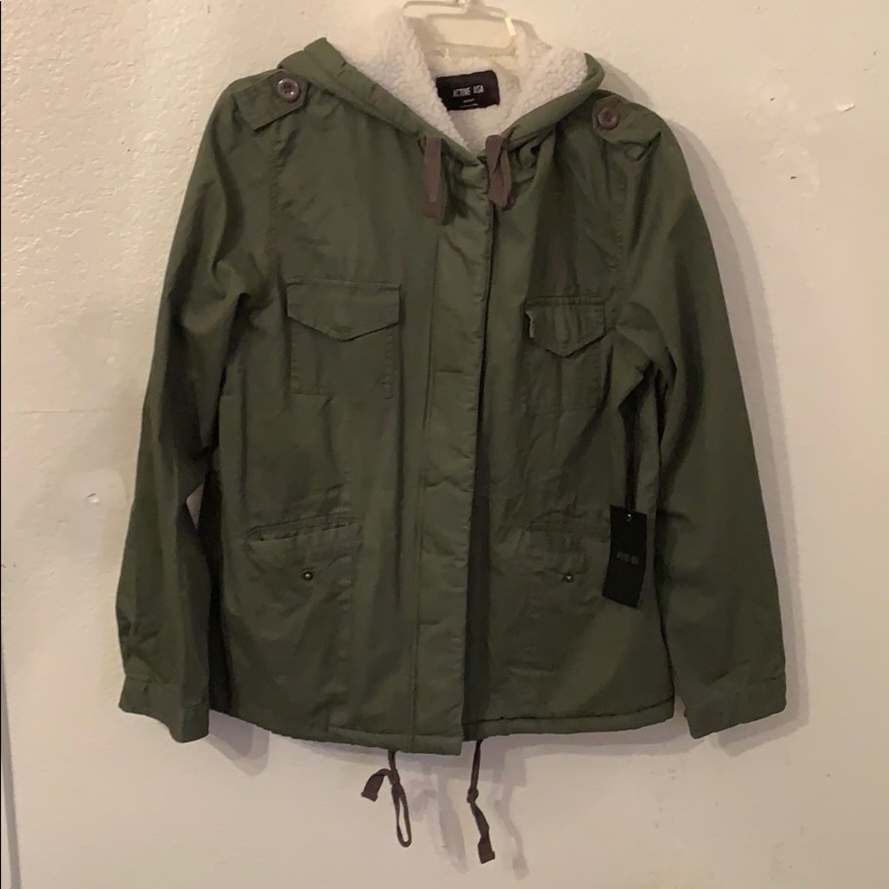 Med Active Usa Fur-Lined Army Green Zip Up Hoodie